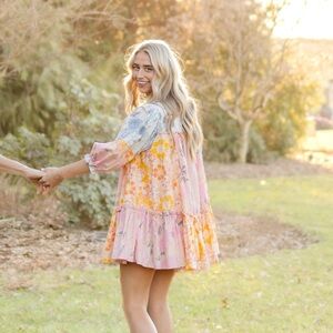 Free People Pink and Yellow Patchwork Floral Mini Dress